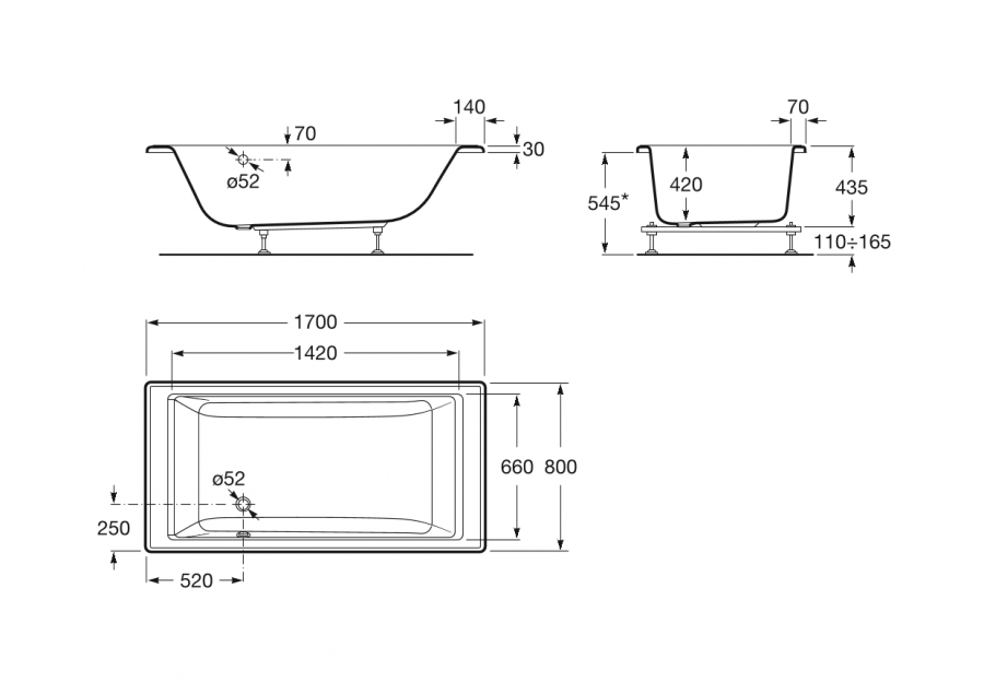 ванна прямоугольная VYTHOS акрил . ,  / 170х80 /  ( белый )  
