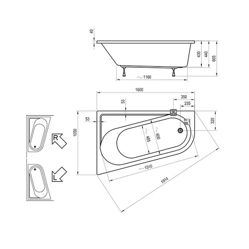 Ванна акриловая Ravak CHROME 160х105 L, белая