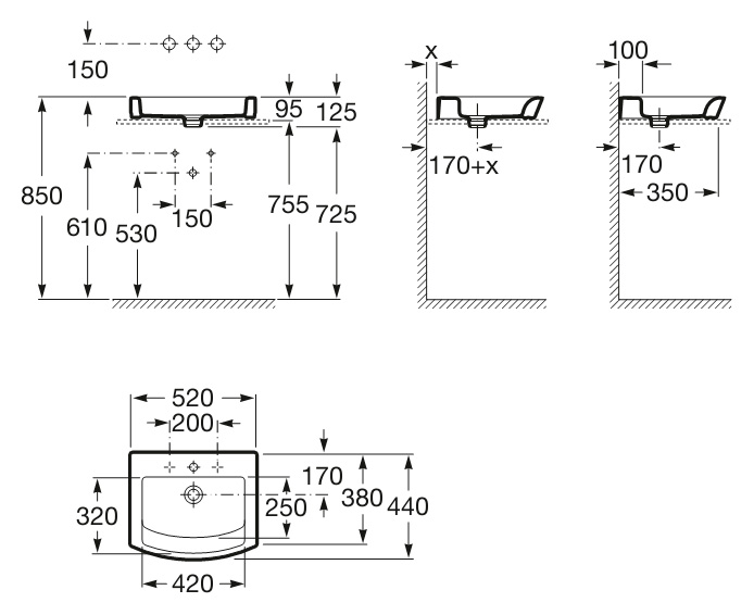 умывальник HALL накладной с отв .  д / смесителя  / 55x44 /   ( бел )  