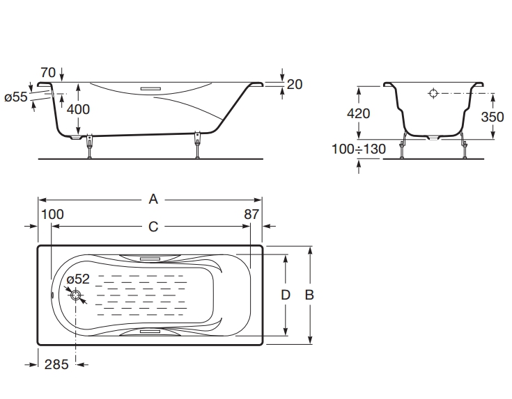 ванна MALIBU с отверстиями под ручки  / 150х75 /   ( бел )  